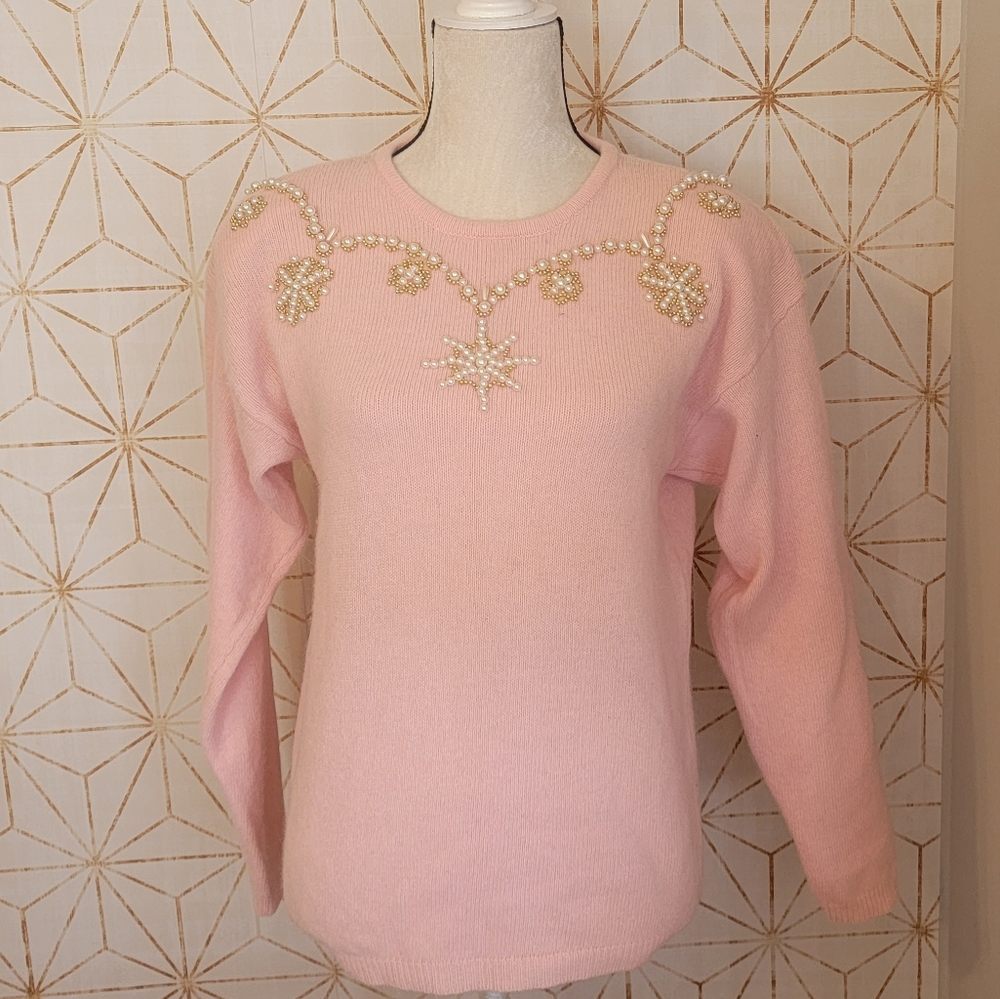 Hasting & Smith baby pink lambswool and angora rabbit hair gold embroidery sweat